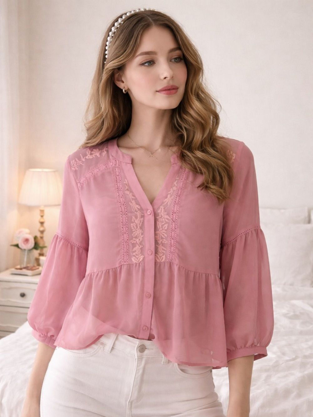 Romantic Coquette Pink Sheer Lace Embroidered Blouse Medium